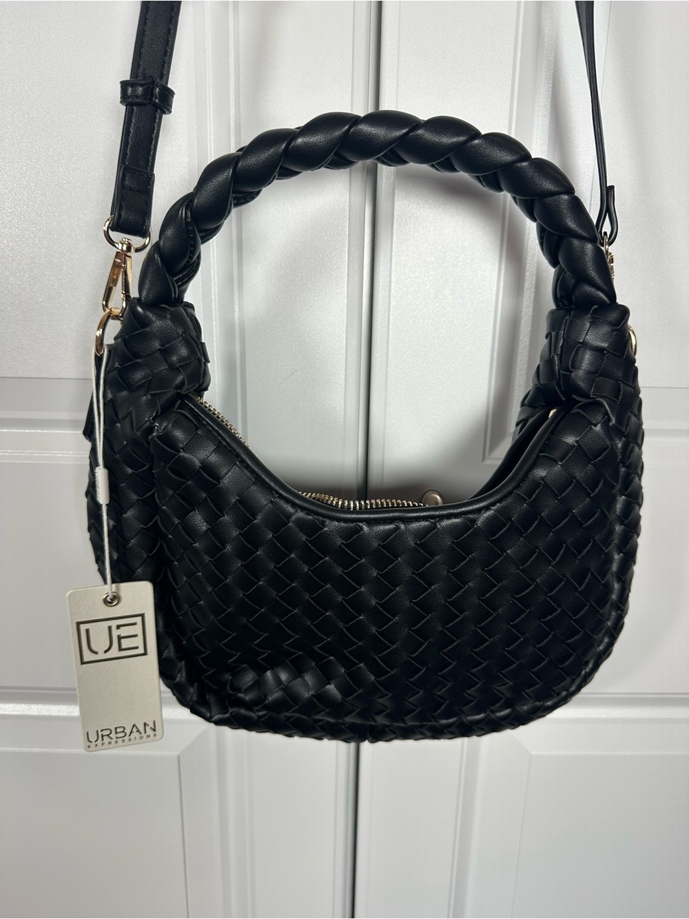 Urban Expressions Black Woven Shoulder Bag Hobo Vegan Leather Crossbody NWT